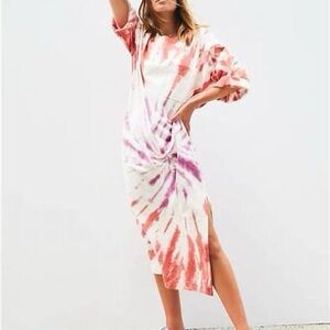 Free People Tie-Dye Beach Midi T-shirt Dress in Coral and Lavender XL